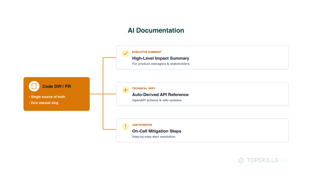AI Documentation:	One code diff producing an executive summary, API reference and on-call runbook